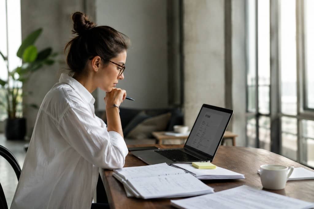 A job seeker reviewing her resume and writing down the roles she wants